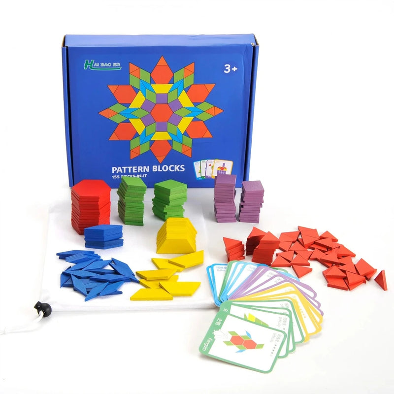 Wooden puzzle set with colorful block pattern pieces for kids, perfect for creative learning and pattern building