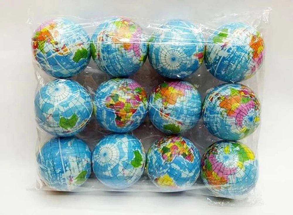 World map globe toy balls in packaging, ideal for learning geography.