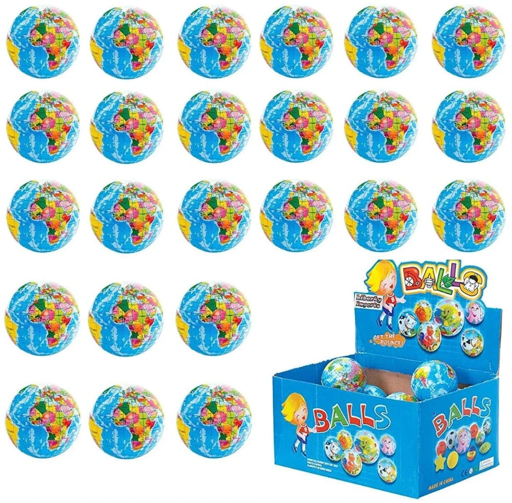 Set of colorful world map globe toy balls for educational play and learning.