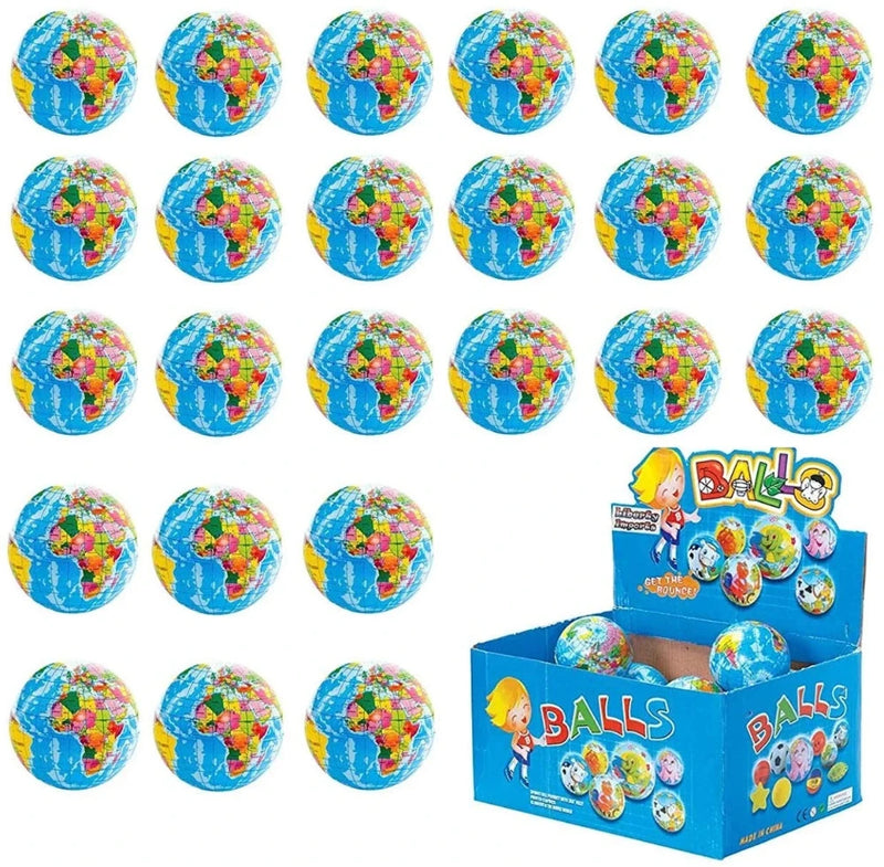 Set of colorful world map globe toy balls for educational play and learning.