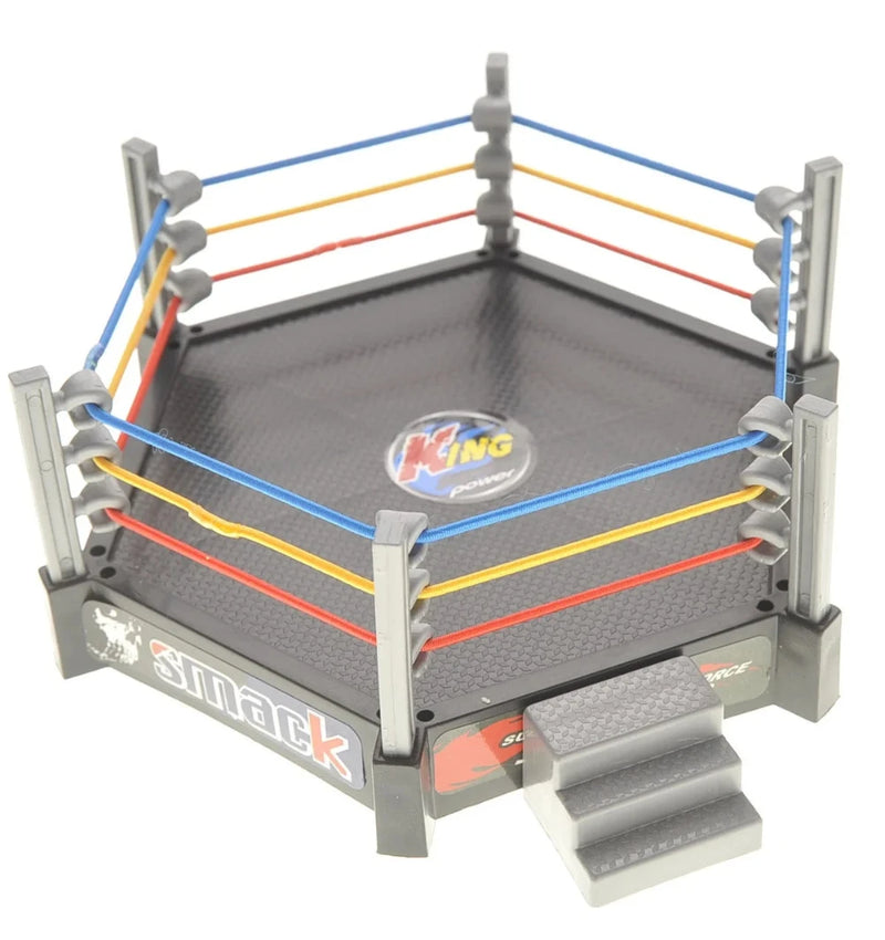 Toy WWE wrestling ring with colorful ropes, ideal for kids and wrestling enthusiasts