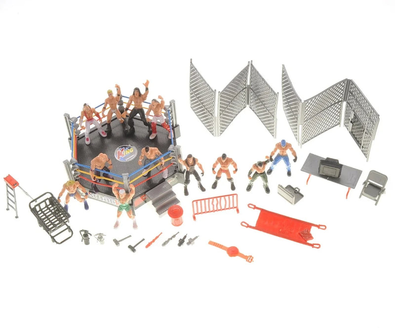 WWE toys set with wrestling ring, action figures, and various accessories including ladder, stretcher, and cage panels for realistic play