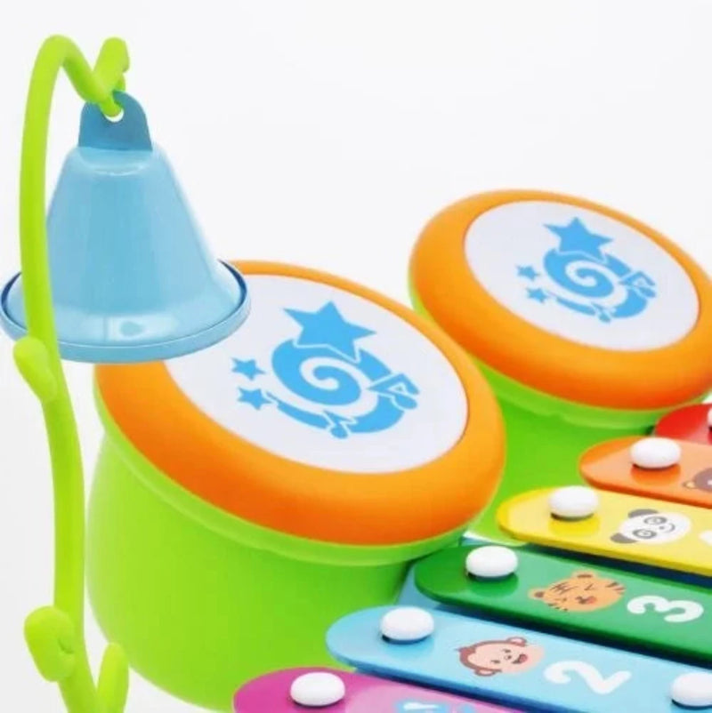 Close-up of the xylophone piano toy’s drums and animal-themed keys - an engaging learning toy for kids