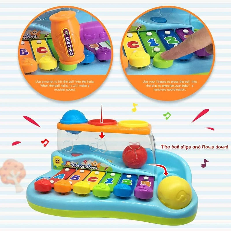 Xylophone piano toy with mallet and vibrant keys for musical exploration.