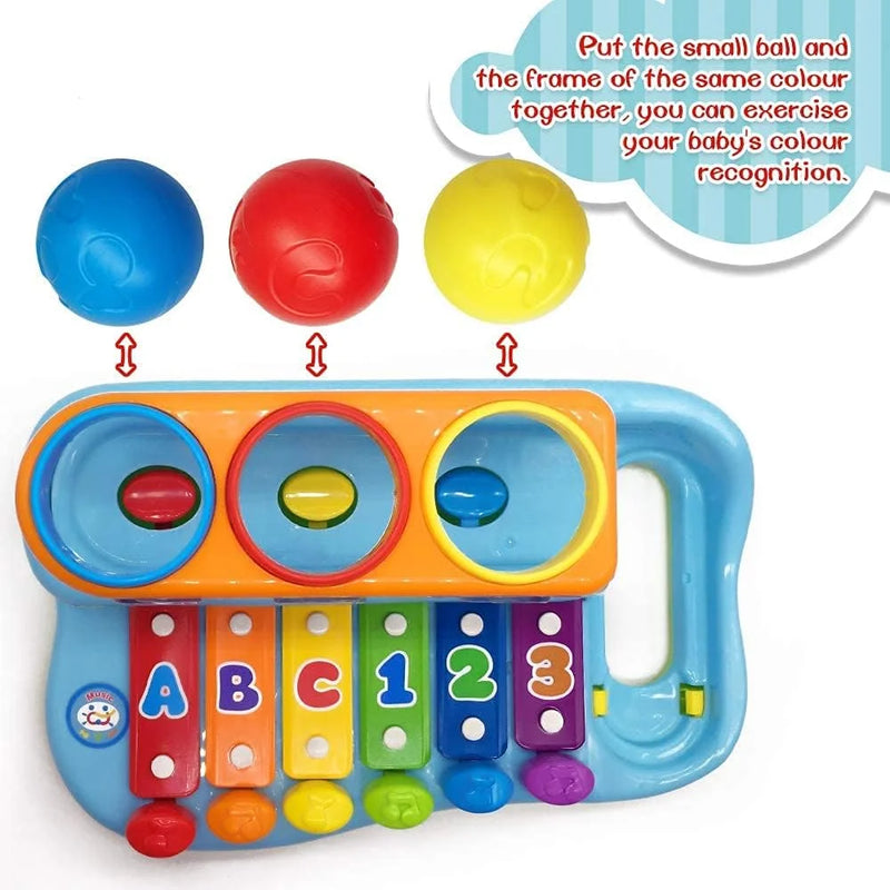 "Xylophone piano toy with colorful balls, enhancing music and color recognition for toddlers