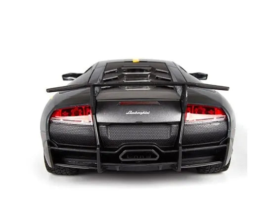 Back view of a black Lamborghini sports car on a white background