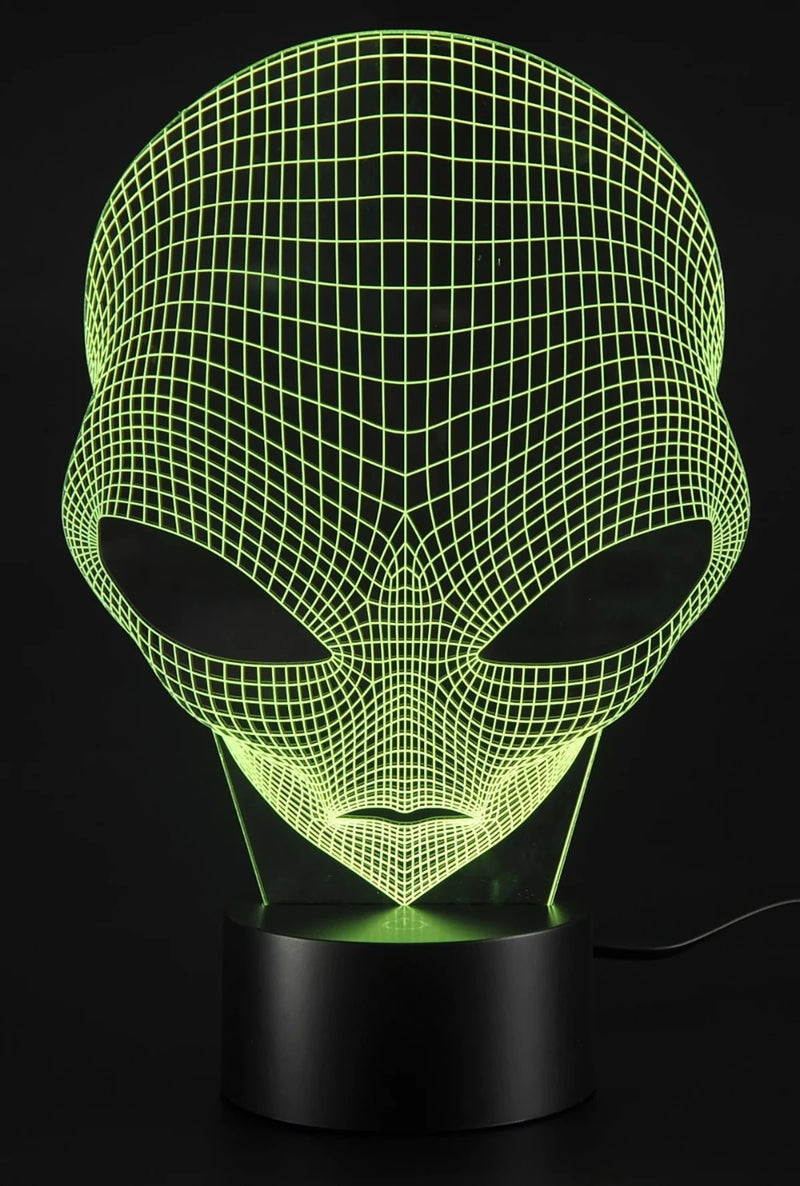 Yellow alien head 3D LED lamp, featuring grid design for a sci-fi inspired lighting option.