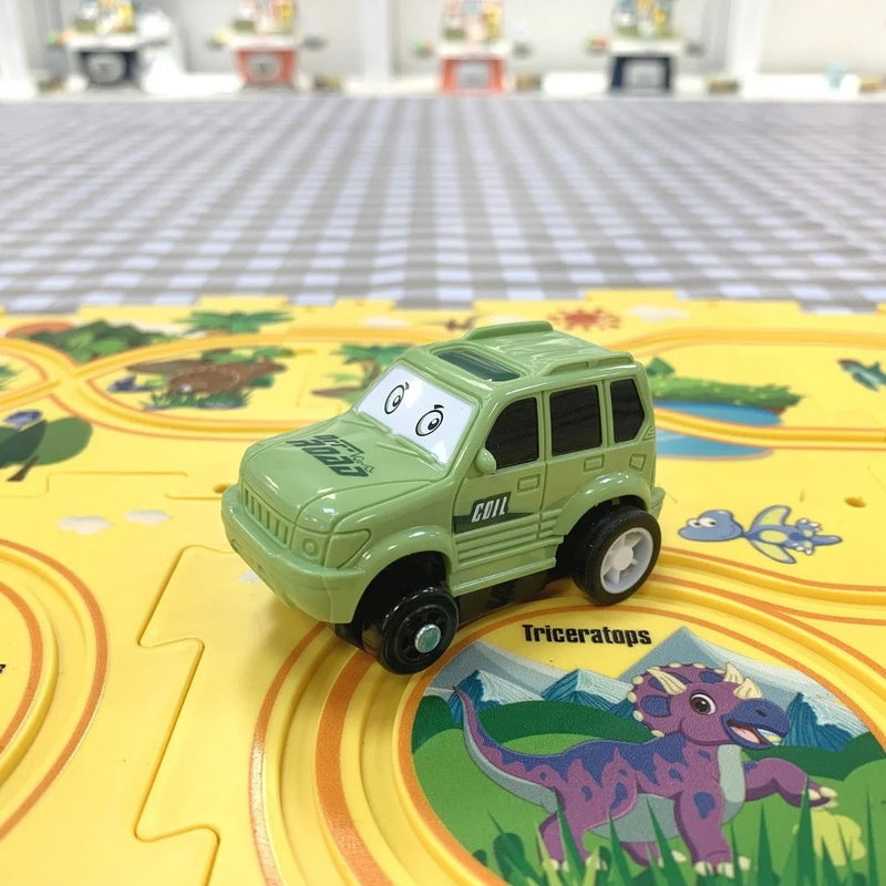 Close-up of green toy SUV on a yellow dinosaur road puzzle, highlighting educational play features