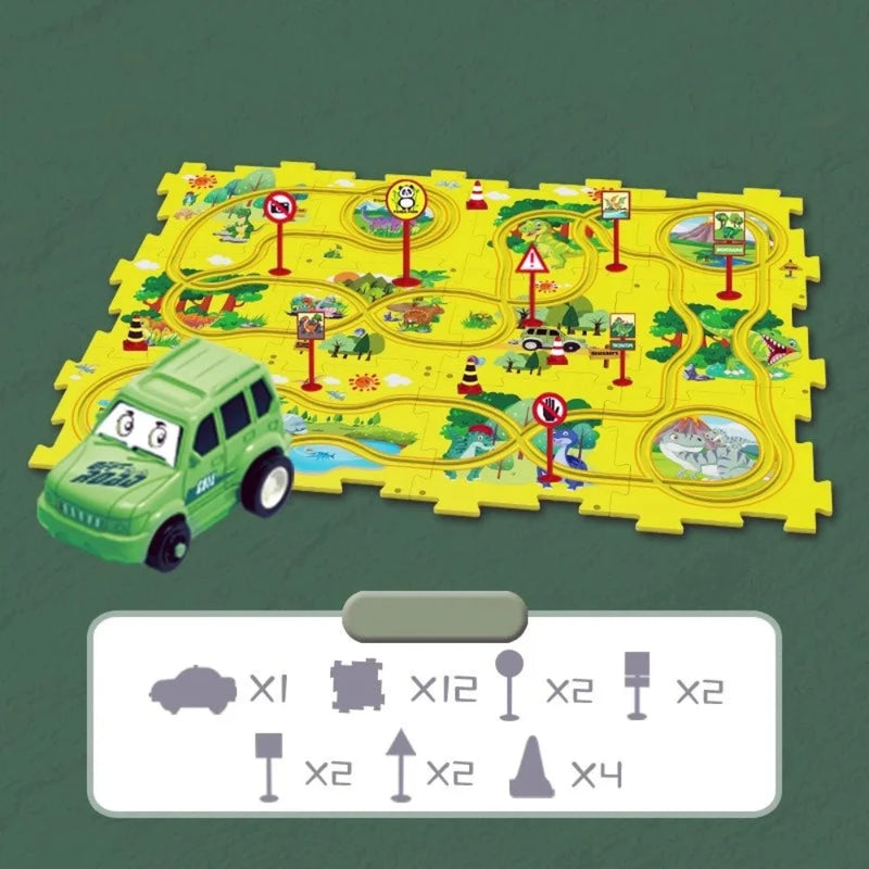 Multiple configuration options for the yellow dinosaur road puzzle set with traffic signs.