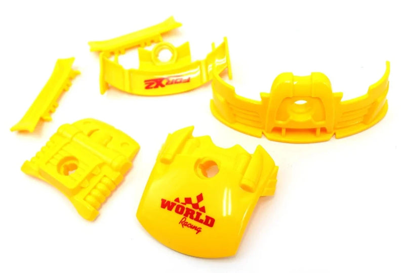 Yellow parts for race car toy, allowing kids to modify and personalize their toy race car setup