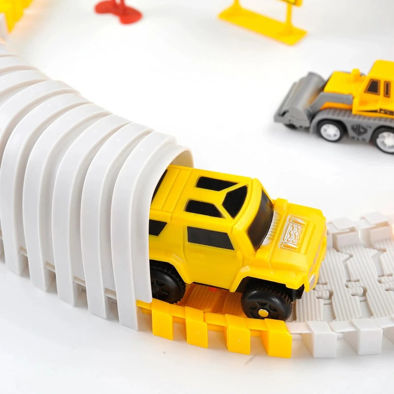 Yellow toy car navigating through a tunnel on the Construction Race Track Set, a perfect toy for construction enthusiasts
