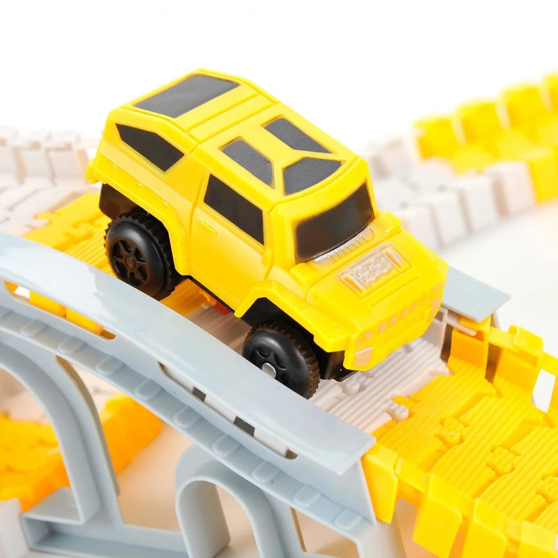 Close-up of a yellow toy car crossing the bridge on the Construction Race Track Set, part of a fun race track for kids.