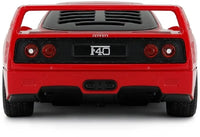 Back view of a red Ferrari F40 model car on a white background
