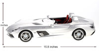 Model of a silver sports car with dimensions indicated on a white background
